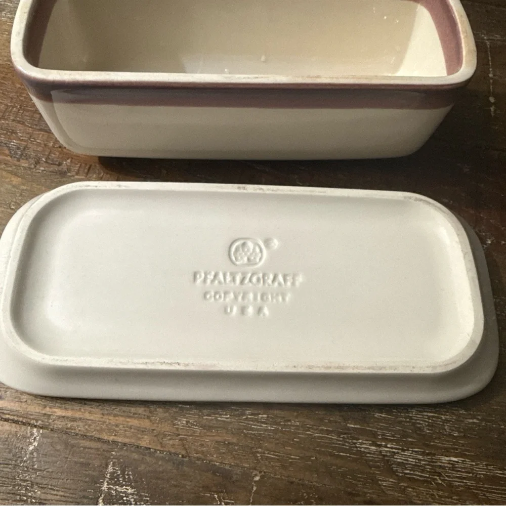Pfaltzgraff junior Cream Butter Dish with Teal and mauve Bands